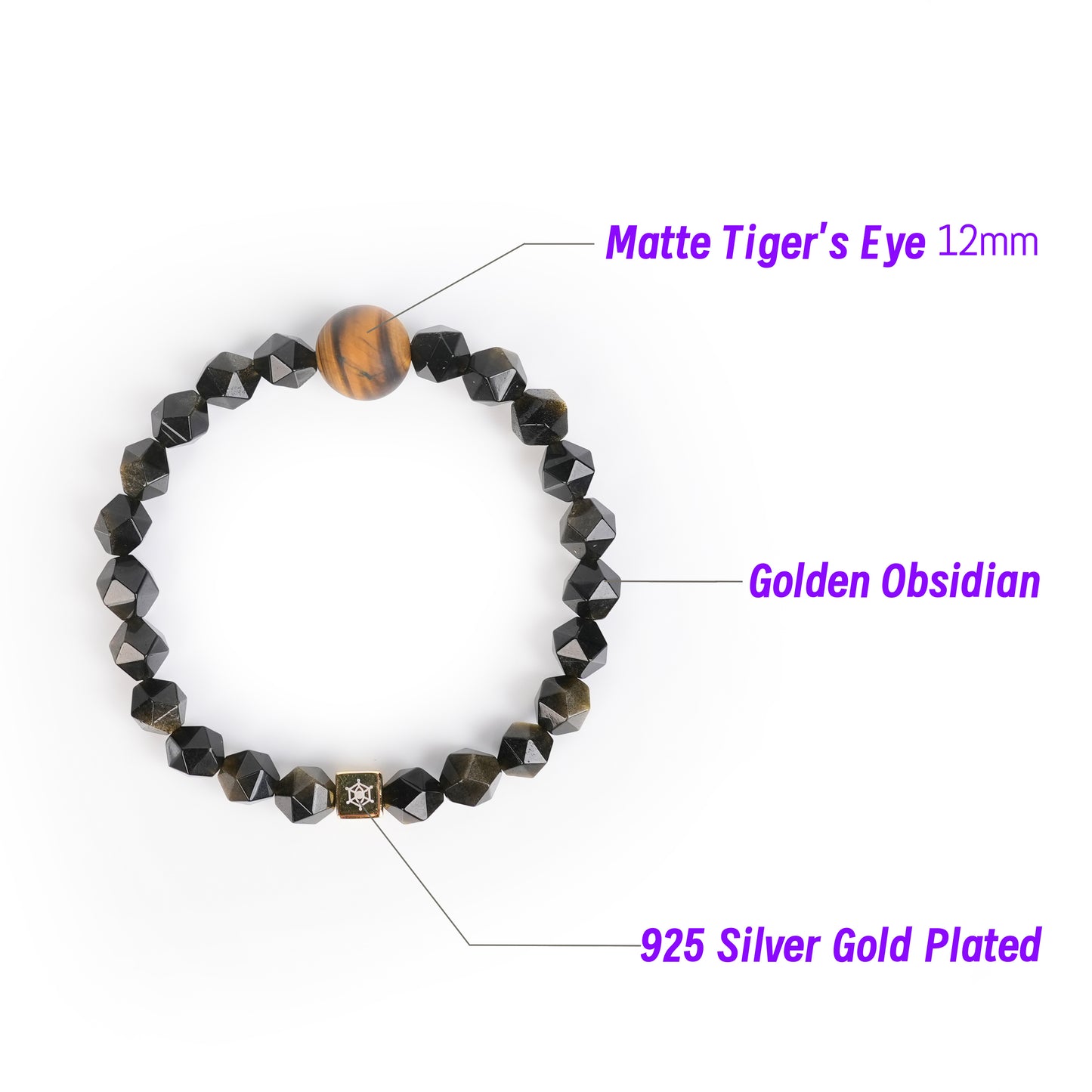 Planet Legend Matte Tigers Eye Man Bracelet 12mm | Golden Obsidian Beads | Cosmic Energy Crystal Jewelry | Purple Planet  | Gift for him