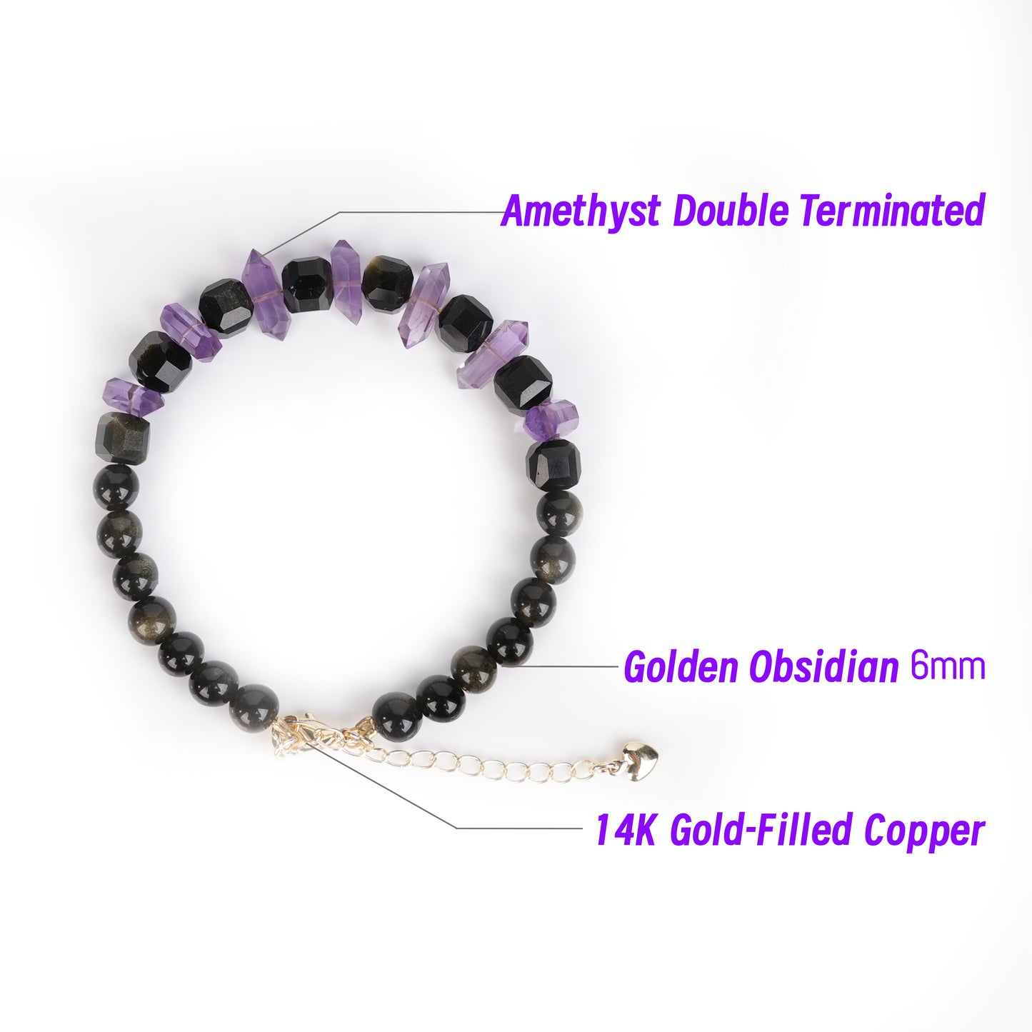 Amethyst Double-Terminated Tara’s Spirit Bracelet |Golden Obsidian|Spiritual Clarity Protection |Healing Jewelry Gift for Her|Woman Bracelet