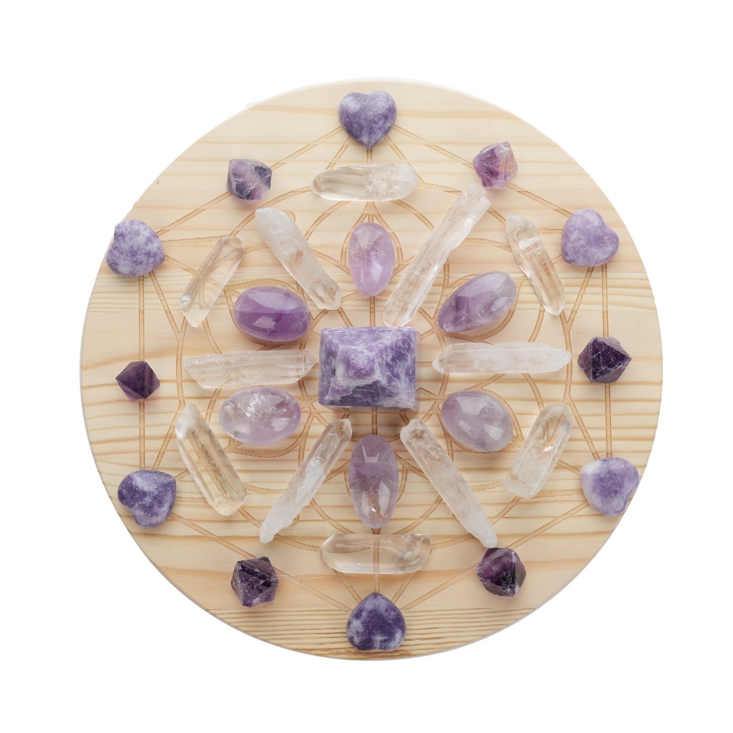 Calming/Clarity Crystal Grid Set|Lepidolite, Amethyst, Purple Fluorite| 9.8 Inch Wooden Grid with Gift Box|Metaphysical Crystals|Purple Gift