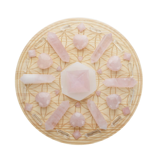 Love/Harmony Crystal Grid Set| Rose Quartz, Selenite| 9.8 Inch Flower of Life Wooden Grid| Heart Chakra Decor | Spiritual Gift | Metaphysics