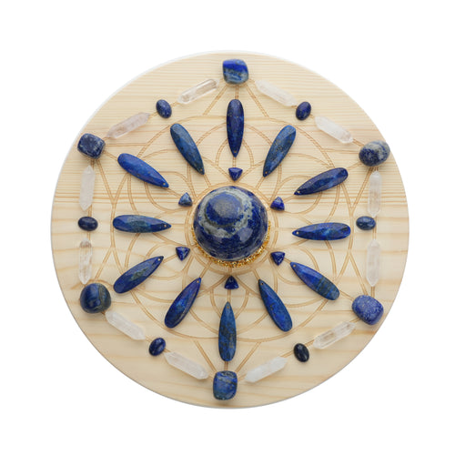 Wisdom/Protection Crystal Grid Set | Lapis Lazuli, Clear Quartz | 9.8 Inch Wooden Grid with Gift Box | Spiritual Decor|Metaphysical Crystals