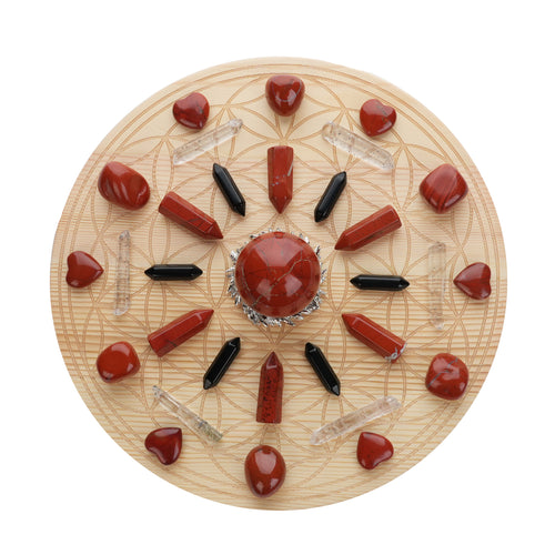 Courage/Protection Crystal Grid Kit |Red Jasper,Obsidian,Clear Quartz|9.8 Inch Sacred Geometry Flower of Life Wooden Grid Board|Metaphysical