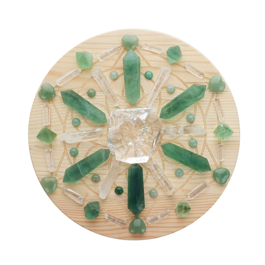 Prosperity/Healing Crystal Grid Set| Green Fluorite, Green Aventurine| 9.8 Inch Wooden Grid with Gift Box|Growth Decor|Metaphysical Crystals