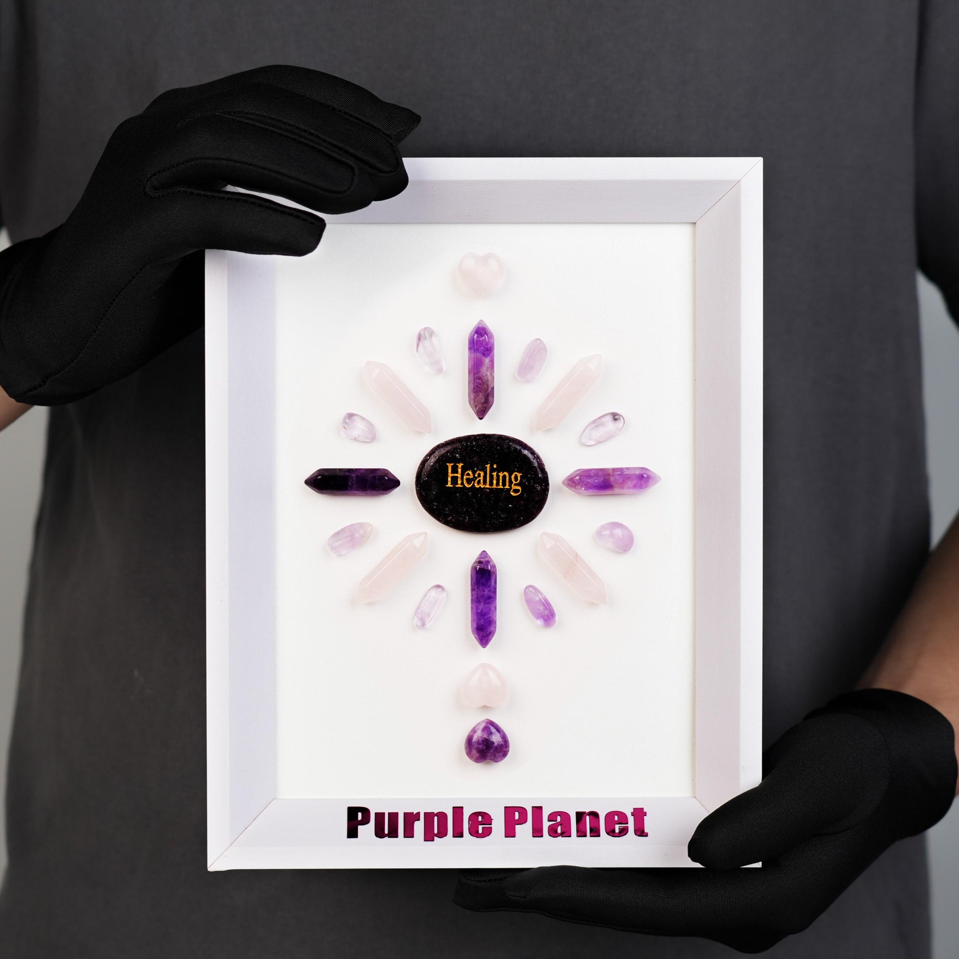 Experience deep healing and balance with the Healing Crystal Grid Frame, featuring Lepidolite, Rose Quartz, and Amethyst. Designed to promote both physical and emotional healing, this 8-inch crystal grid brings soothing energy to your space.