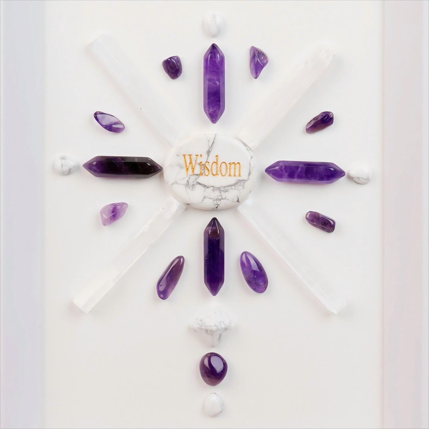 Wisdom Crystal Grid Frame | White Turquoise, Amethyst, Selenite | Enhance Intuition, Clarity | 8 Inch Spiritual Decor| Displayed or Hung