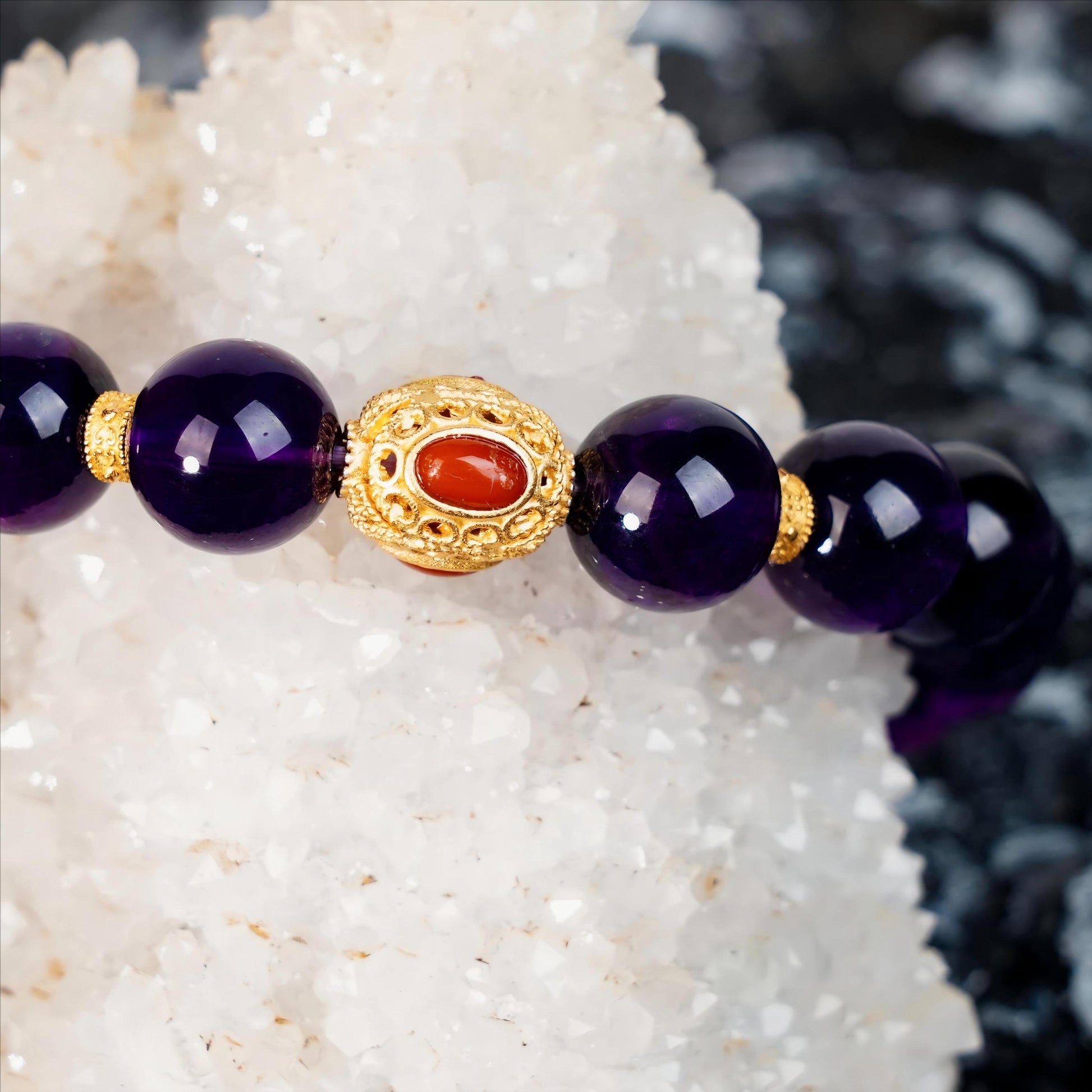 Embrace transformation and wisdom with the Fire element Bracelet, featuring Amethyst, Red Agate, and a handmade Fire Element Aroma Bead. This bracelet symbolizes light, passion, and clarity, aligning with the upcoming Nine Purple Fire luck cycle.