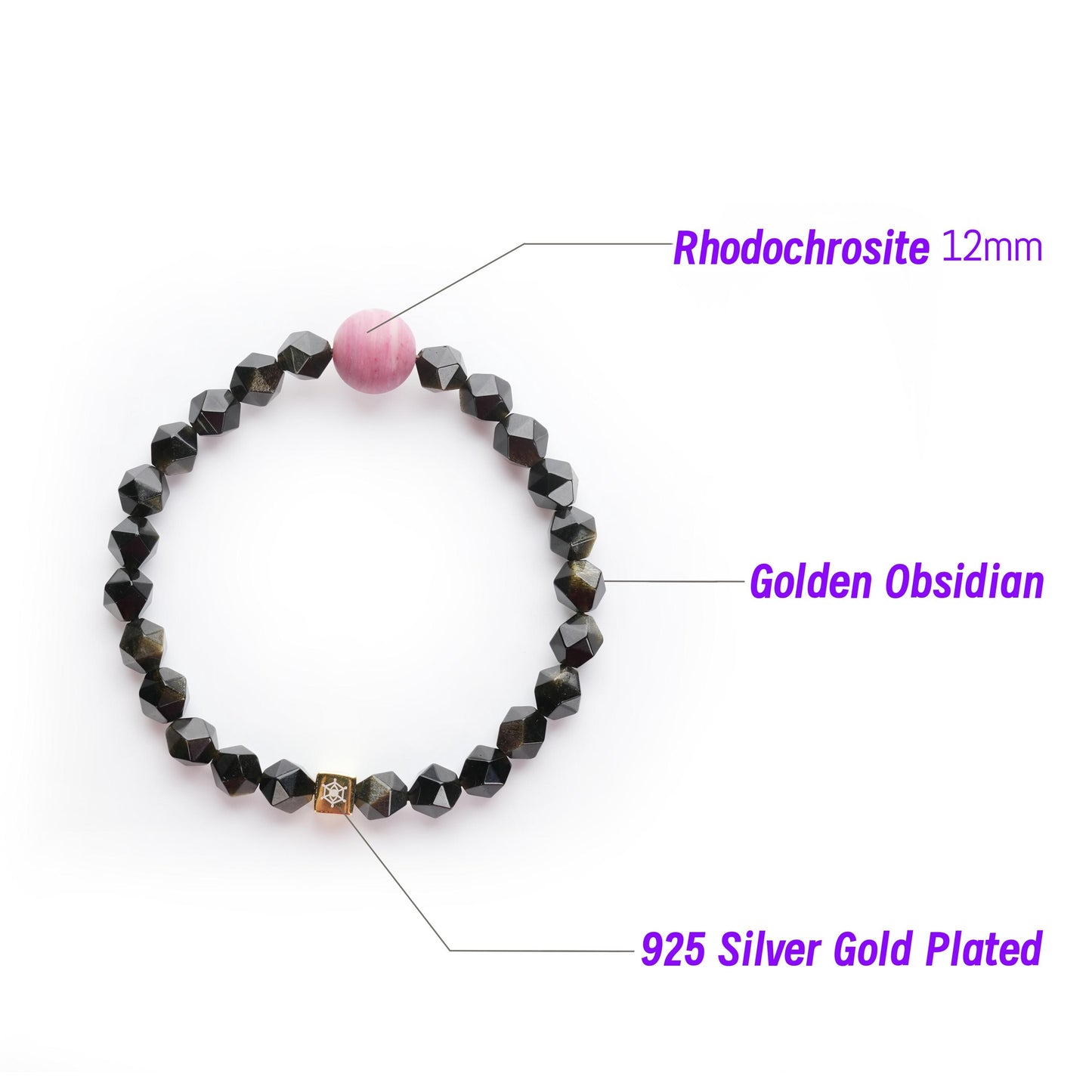 Planet Legend Matte Rhodochrosite Bracelet 12mm | Golden Obsidian Beads|Cosmic Energy Jewelry|Crystal Jewelry|Gift for him|Crystal Bracelet