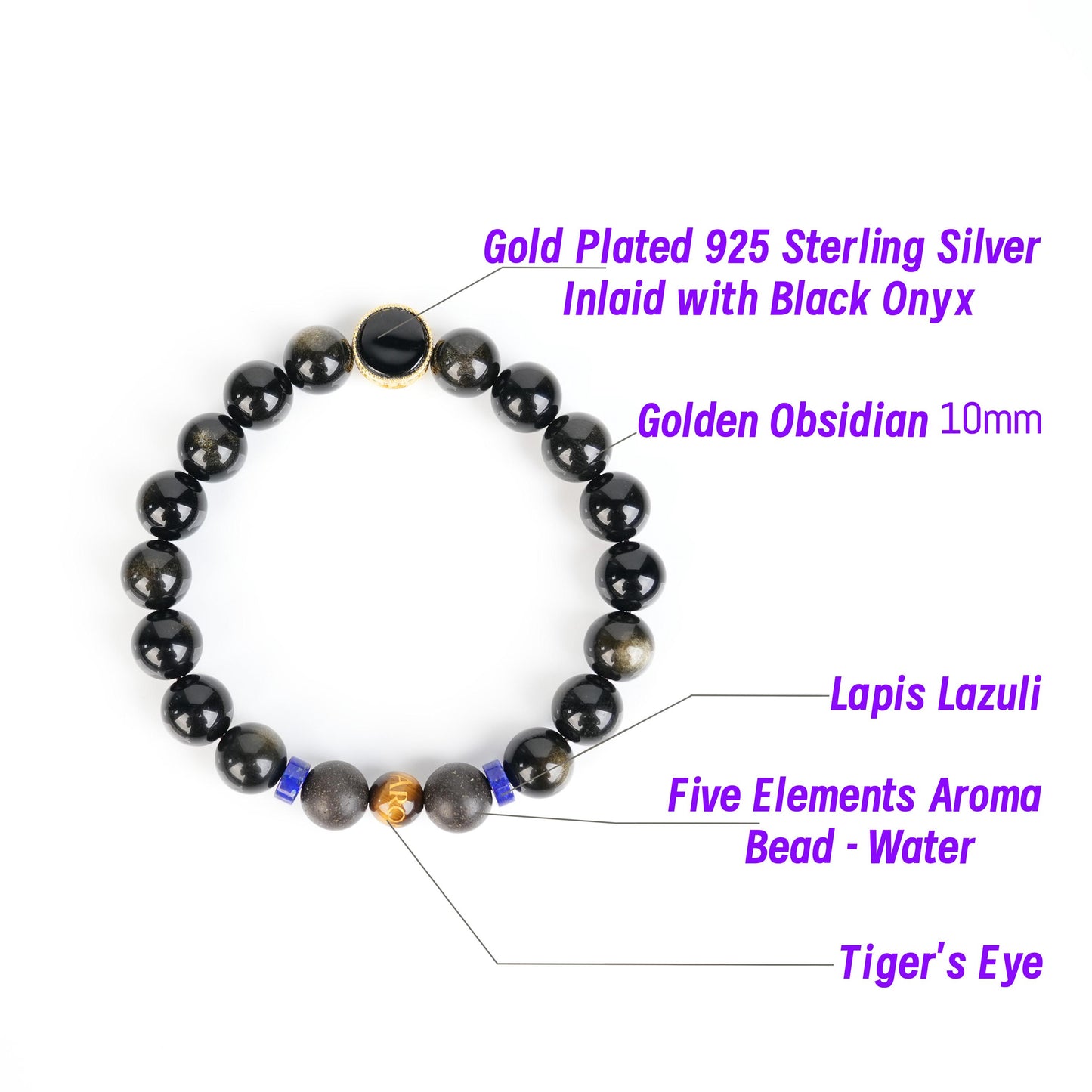 Golden Obsidian Beads Bracelet 10mm Water Element Energy Five Elements Aroma Beads | Black Onyx Bracelet  | Man Bracelet | Gift for him