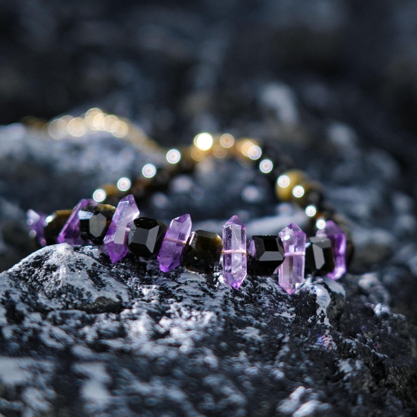 Amethyst Double-Terminated Tara’s Spirit Bracelet |Golden Obsidian|Spiritual Clarity Protection |Healing Jewelry Gift for Her|Woman Bracelet