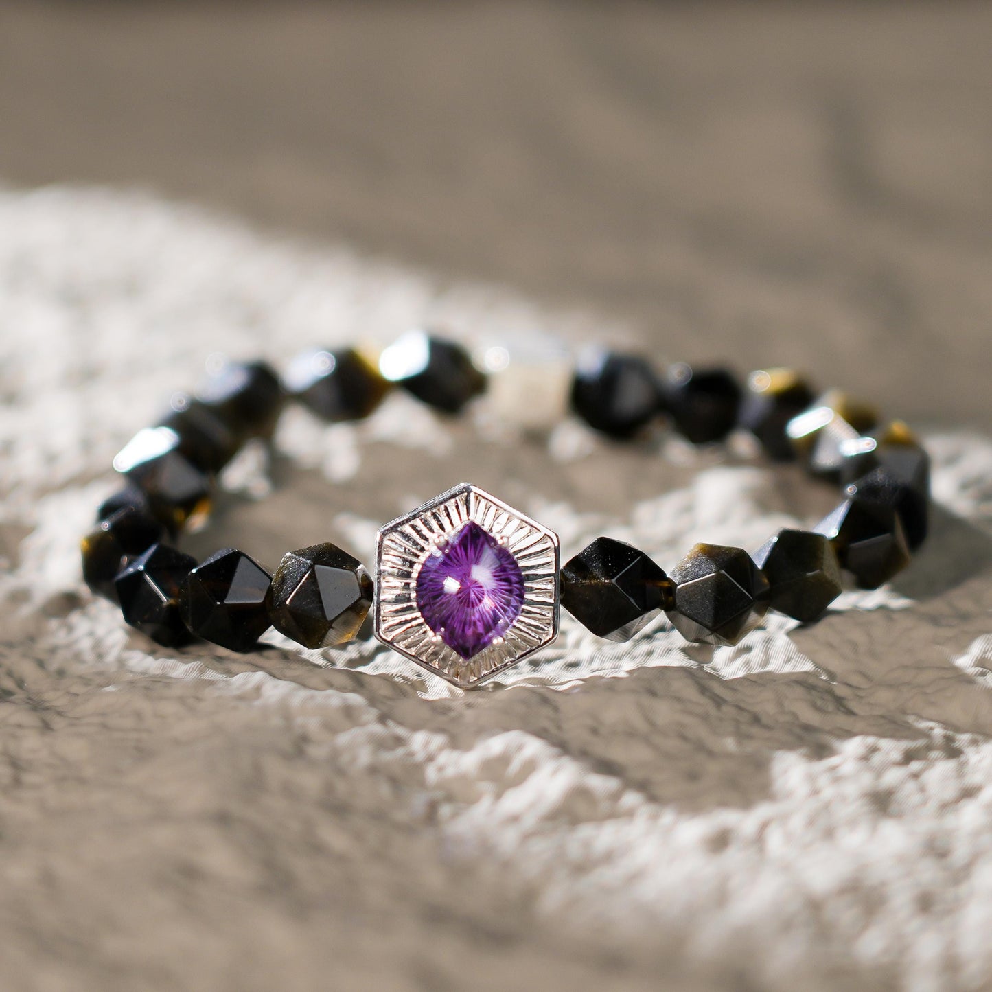 Cosmos Eye Amethyst Bracelet | Spiritual Awakening and Cosmic Protection | Crystal Jewelry | Purple Planet | Art Deco|Purple|Golden Obsidian