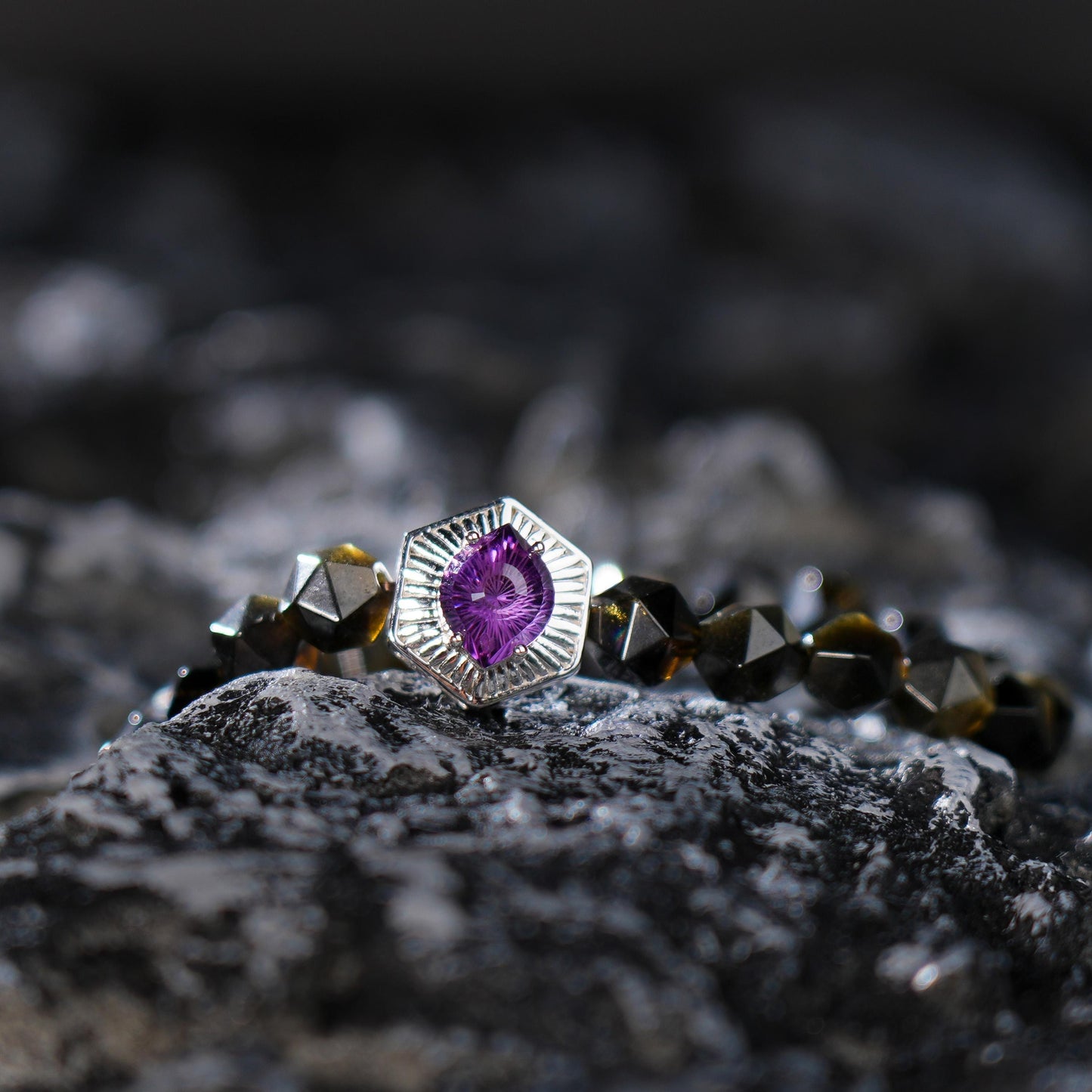 Cosmos Eye Amethyst Bracelet | Spiritual Awakening and Cosmic Protection | Crystal Jewelry | Purple Planet | Art Deco|Purple|Golden Obsidian