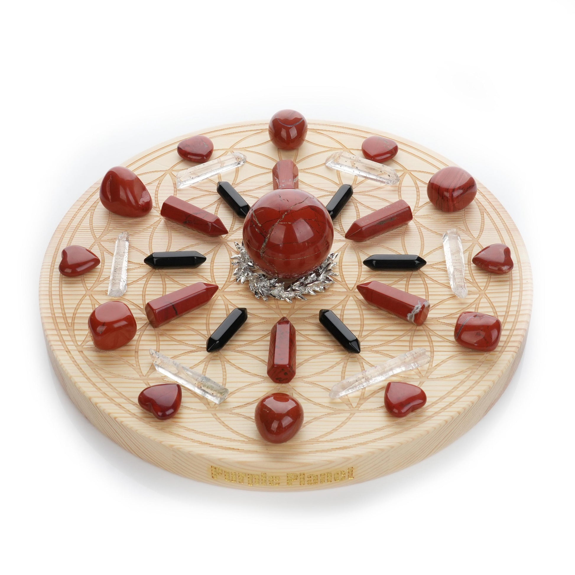 Harness the power of courage and protection with this handcrafted Crystal Grid Kit, featuring Red Jasper, Obsidian, and Clear Quartz. Set on a stunning 9.8-inch sacred geometry wooden grid, it promotes grounding, strength, and clarity,