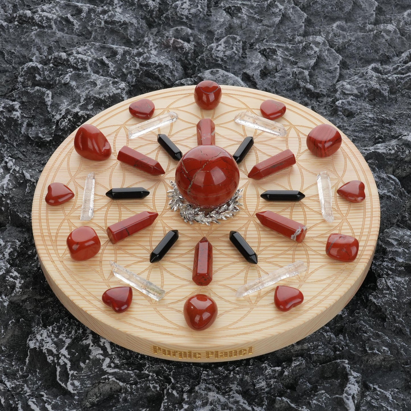 Courage/Protection Crystal Grid Kit |Red Jasper,Obsidian,Clear Quartz|9.8 Inch Sacred Geometry Flower of Life Wooden Grid Board|Metaphysical