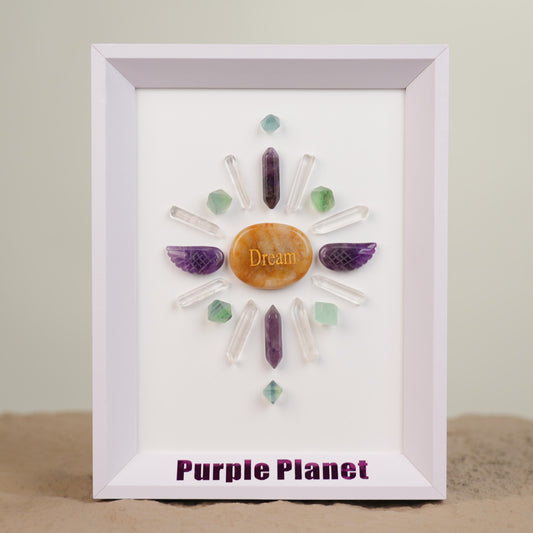 Unlock your potential and bring your dreams to life with the Dreams Crystal Grid Frame, featuring Yellow Jade, Green Fluorite, Amethyst and White Crystal. Designed to boost confidence, ignite creativity, and help manifest your goals.