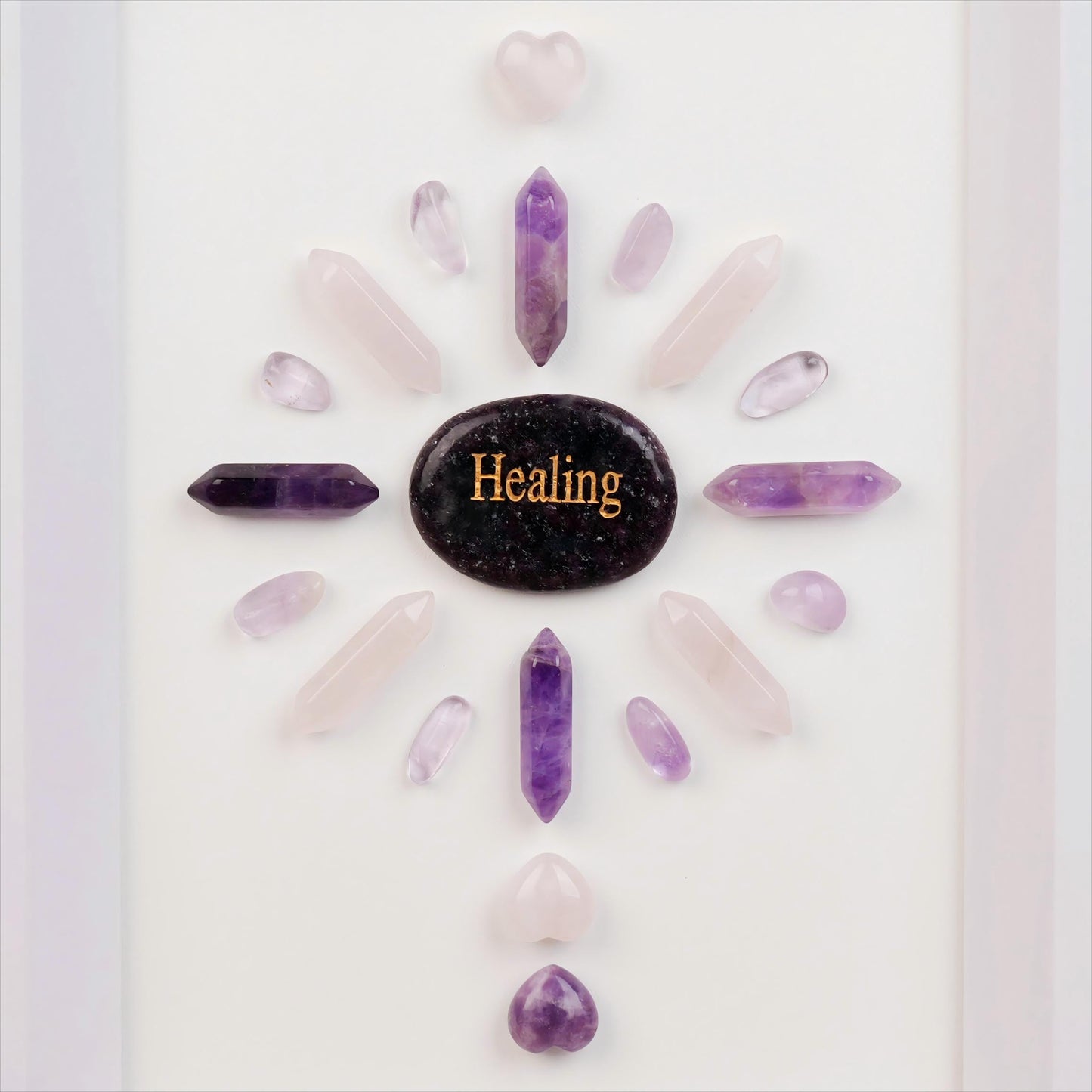 Healing Crystal Grid Frame | Lepidolite, Rose Quartz & Amethyst | Deep Healing and Balance | 8 Inch Spiritual Decor | Wall Art