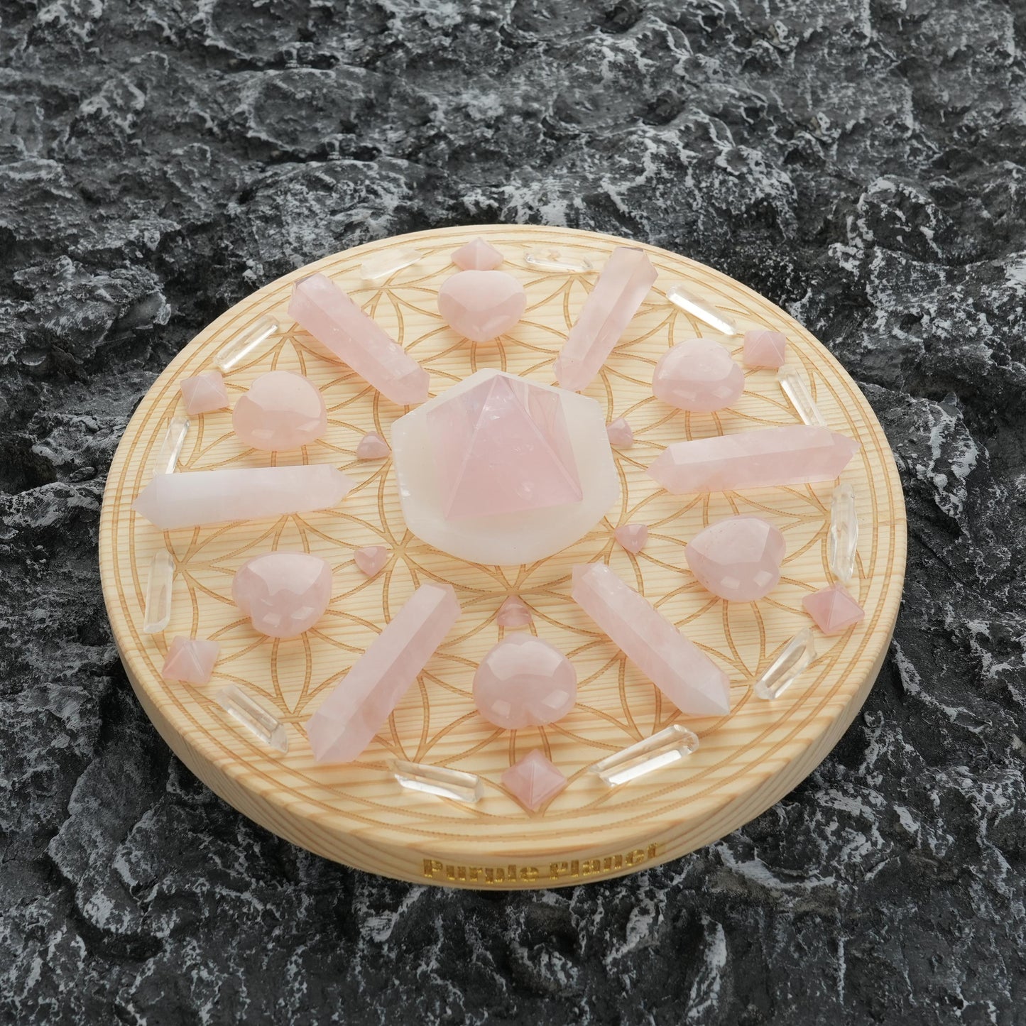 Love/Harmony Crystal Grid Set| Rose Quartz, Selenite| 9.8 Inch Flower of Life Wooden Grid| Heart Chakra Decor | Spiritual Gift | Metaphysics