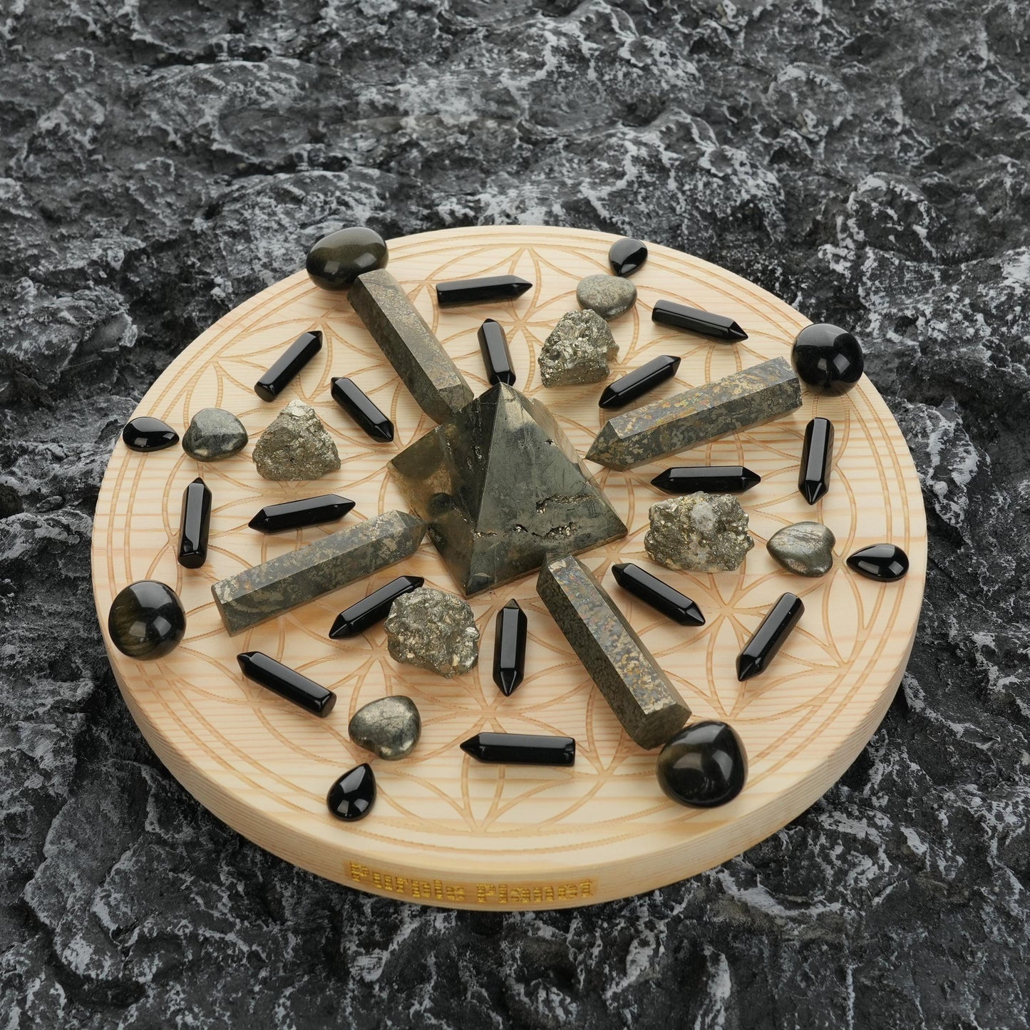 Wealth/Protection Crystal Grid Set | Pyrite, Obsidian | 9.8 Inch Flower of Life Wooden Grid| Abundance/Security Decor |Metaphysical Crystals