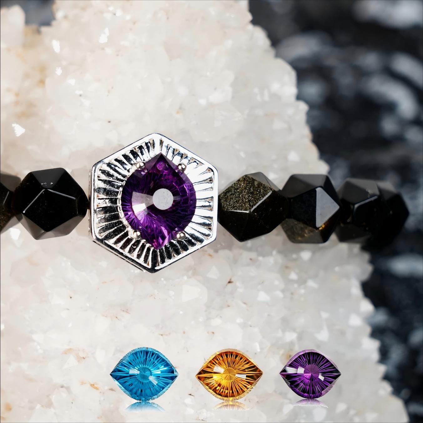 Unlock the mysteries of the cosmos with the Cosmos Eye Bracelet, featuring a rare eye-cut amethyst that symbolizes spiritual awakening, wisdom, and insight. The stunning piece feels like you&#39;re gazing into the stars, guiding you toward inner clarity.