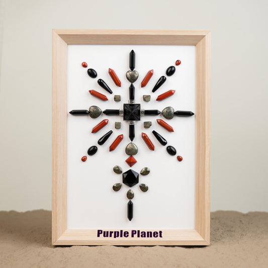 Empower your space with Wealth & Power Crystal Grid, beautifully arranged in an A4 frame. Featuring an Obsidian Pyramid Energy Generator as the focal stone, accompanied by Pyrite and Red Jasper, this grid is designed to amplify prosperity, strength.