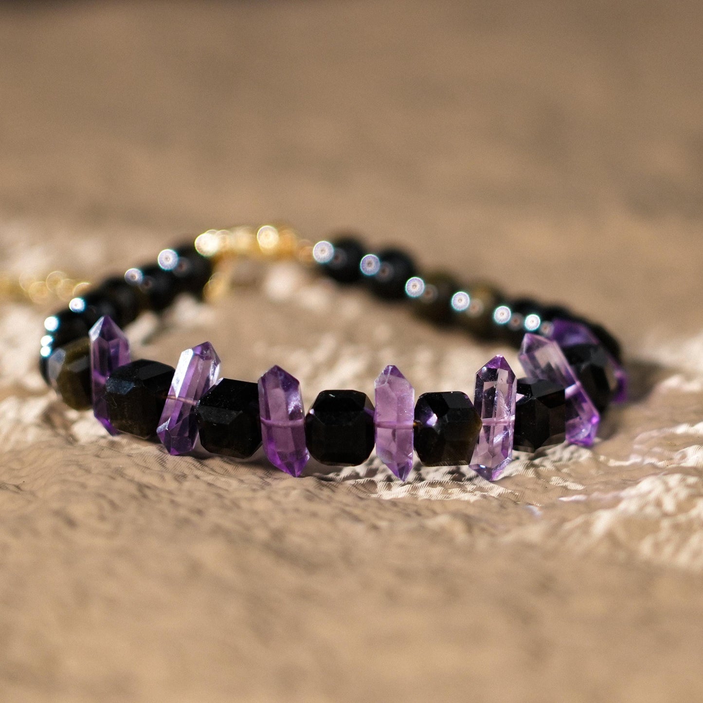 Amethyst Double-Terminated Tara’s Spirit Bracelet |Golden Obsidian|Spiritual Clarity Protection |Healing Jewelry Gift for Her|Woman Bracelet