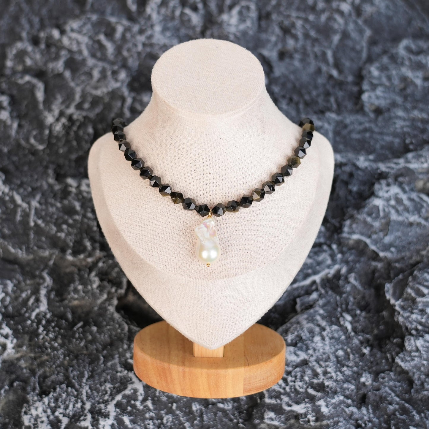 Baroque Pear Pendant and Golden Obsidian Beads 8mm Necklace | 925 Silver| Unique Pearl Pendant| Jewelry Gift for Her| Woman Bracelet