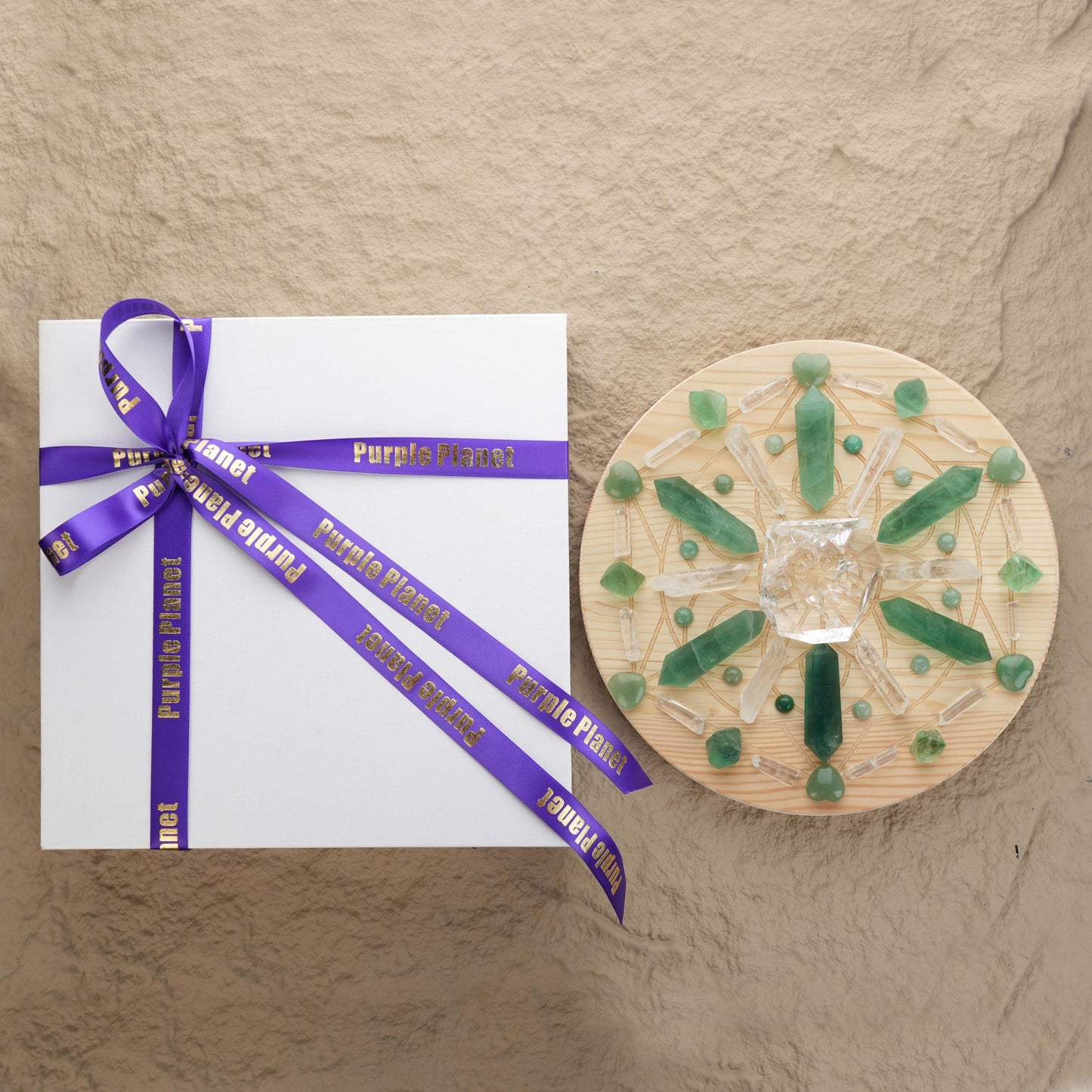 Prosperity/Healing Crystal Grid Set| Green Fluorite, Green Aventurine| 9.8 Inch Wooden Grid with Gift Box|Growth Decor|Metaphysical Crystals