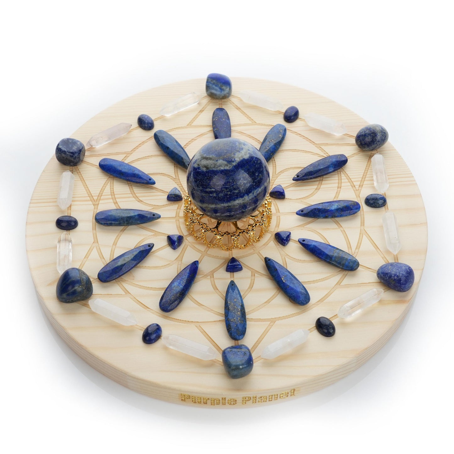 Featuring a harmonious arrangement of Lapis Lazuli and Clear Quartz on a 9.8-inch Sacred Geometry pinewood grid with a 2cm thickness, this set is designed to channel powerful energies for clarity, spiritual insight, and inner peace.