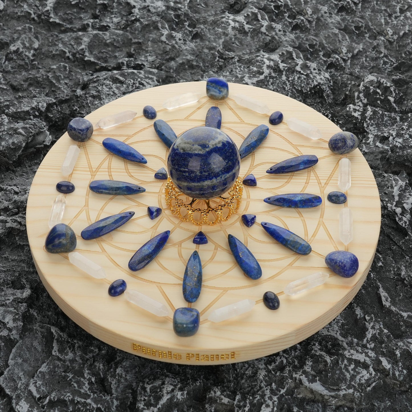 Wisdom/Protection Crystal Grid Set | Lapis Lazuli, Clear Quartz | 9.8 Inch Wooden Grid with Gift Box | Spiritual Decor|Metaphysical Crystals