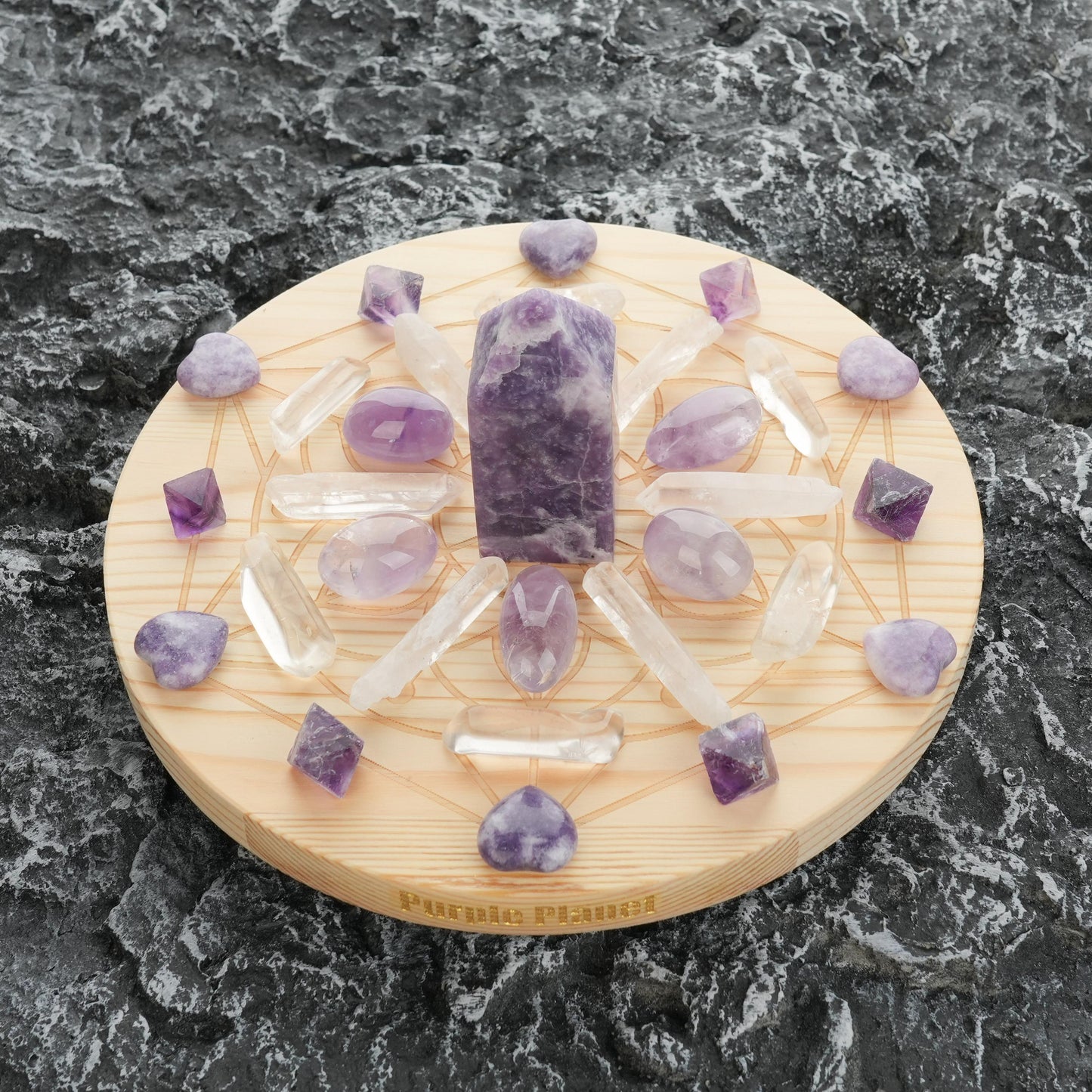 Calming/Clarity Crystal Grid Set|Lepidolite, Amethyst, Purple Fluorite| 9.8 Inch Wooden Grid with Gift Box|Metaphysical Crystals|Purple Gift