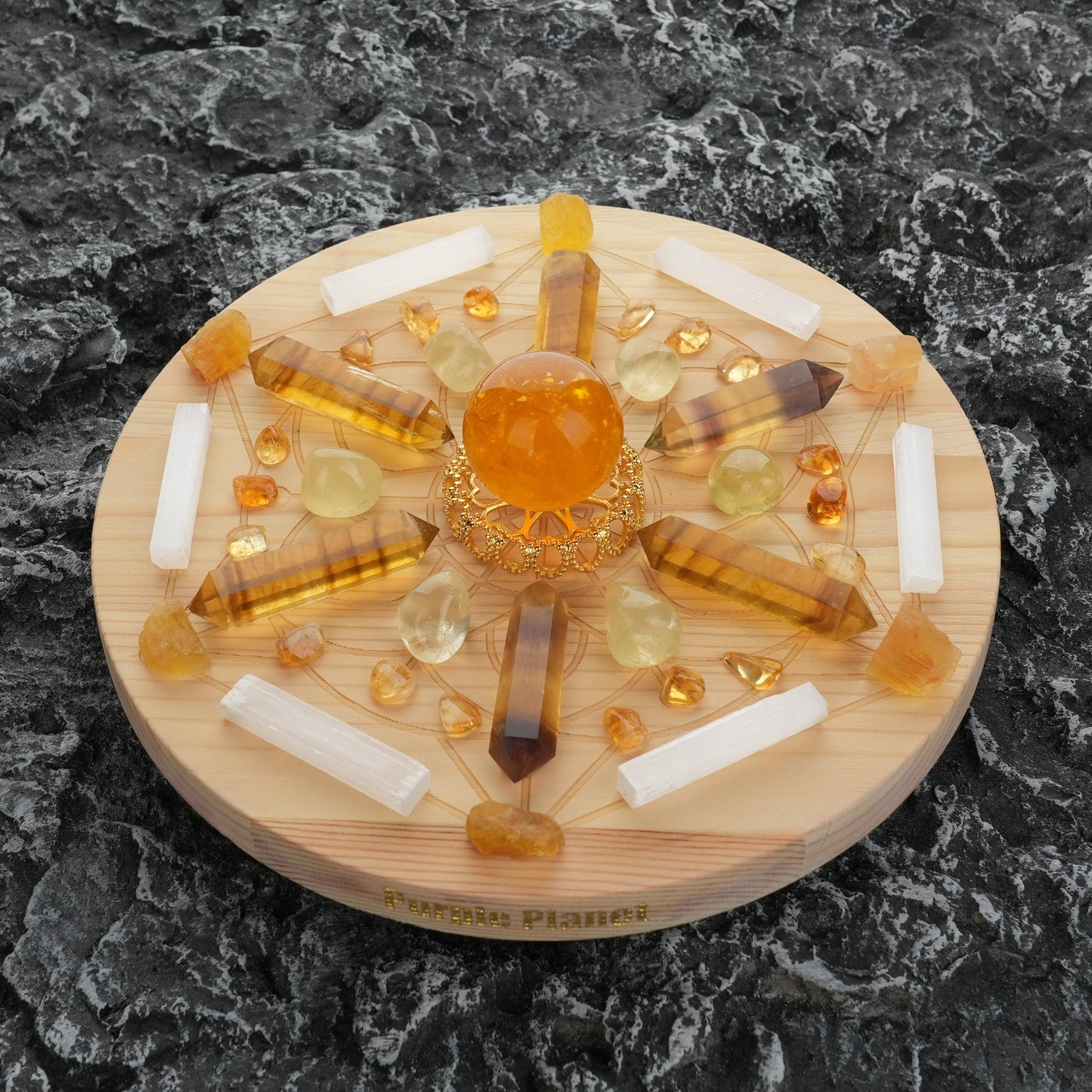 Abundance/Energy Crystal Grid Set |Citrine, Golden Fluorite, Lemon Quartz |9.8 Inch Wooden Sacred Geometry Grid|Prosperity Decor|Metaphysics