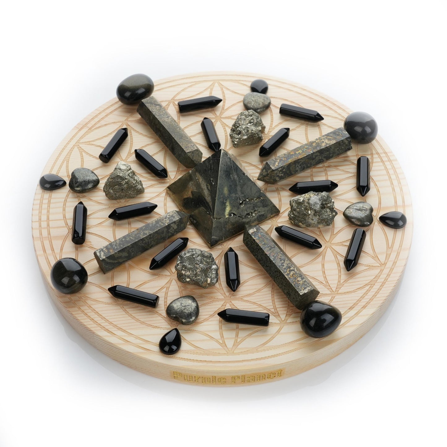 This powerful arrangement of Pyrite and Obsidian Crystal Grid sits atop a 9.8-inch Flower of Life Sacred Geometry pinewood grid, offering a symbolic and energetic way to manifest prosperity, strength, and protection.