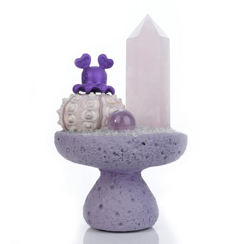 This piece features a gentle Rose Quartz Crystal Pillar, a calming Amethyst Sphere, and the charming Crystal Hunter - Beta Elephant. Let this unique artwork fill your space with love and serenity.