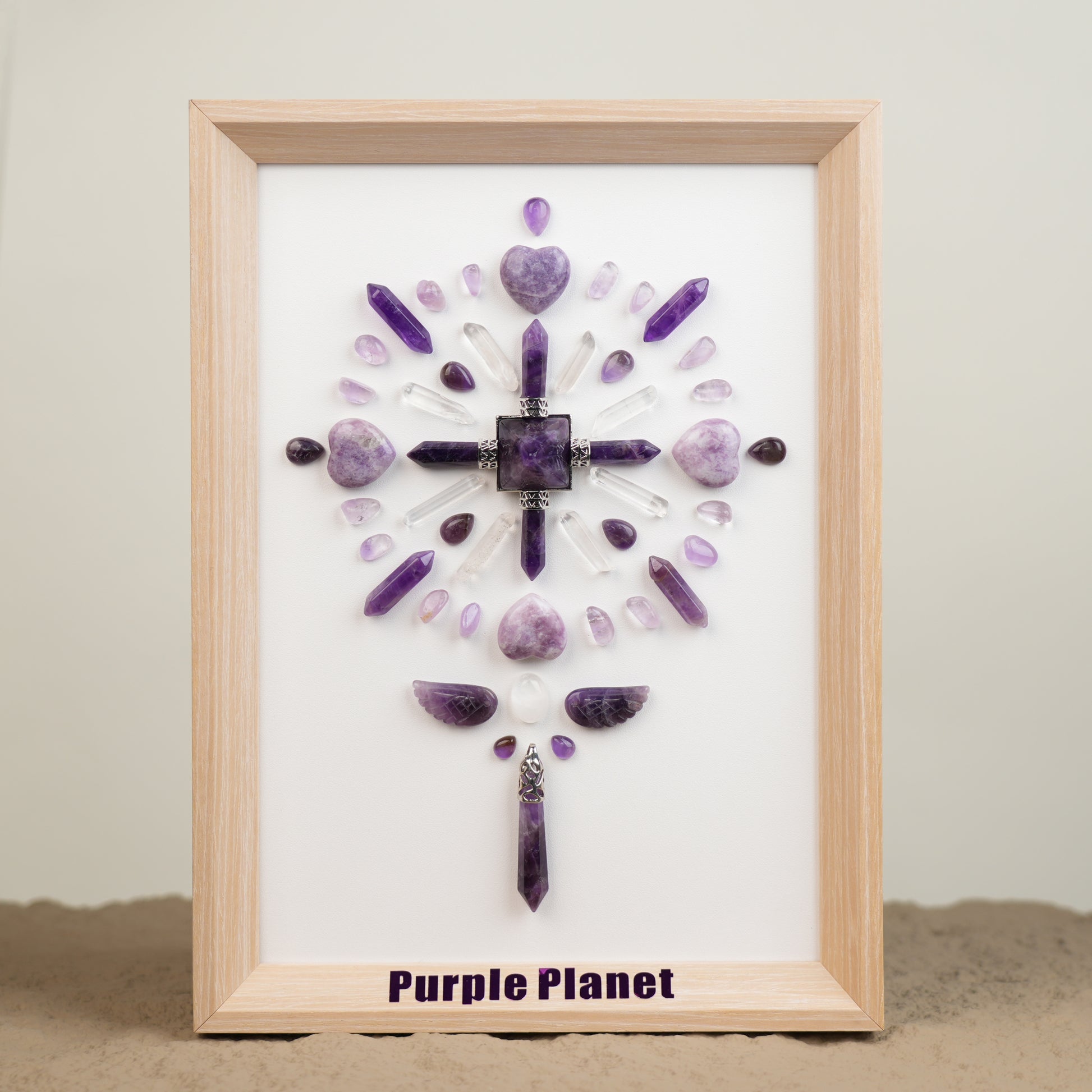 Anxiety Relief Crystal Grid A4 Frame |Amethyst Energy Generator |Lepidolite|Calm Balance SpiritualGift Home Decor |Meditation Wall Art