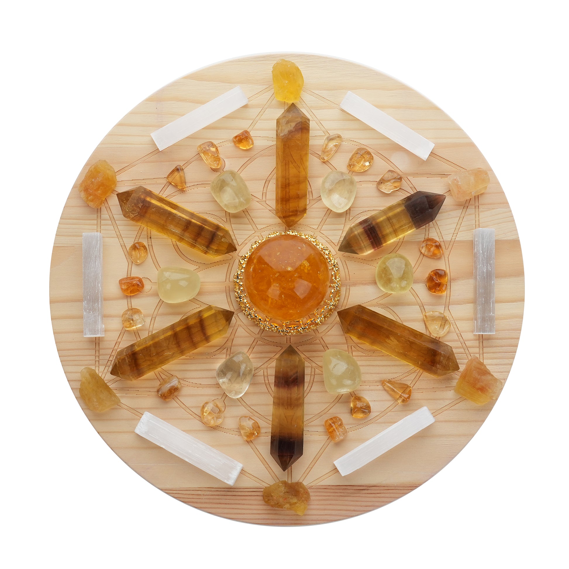 Abundance/Energy Crystal Grid Set |Citrine, Golden Fluorite, Lemon Quartz |9.8 Inch Wooden Sacred Geometry Grid|Prosperity Decor|Metaphysics