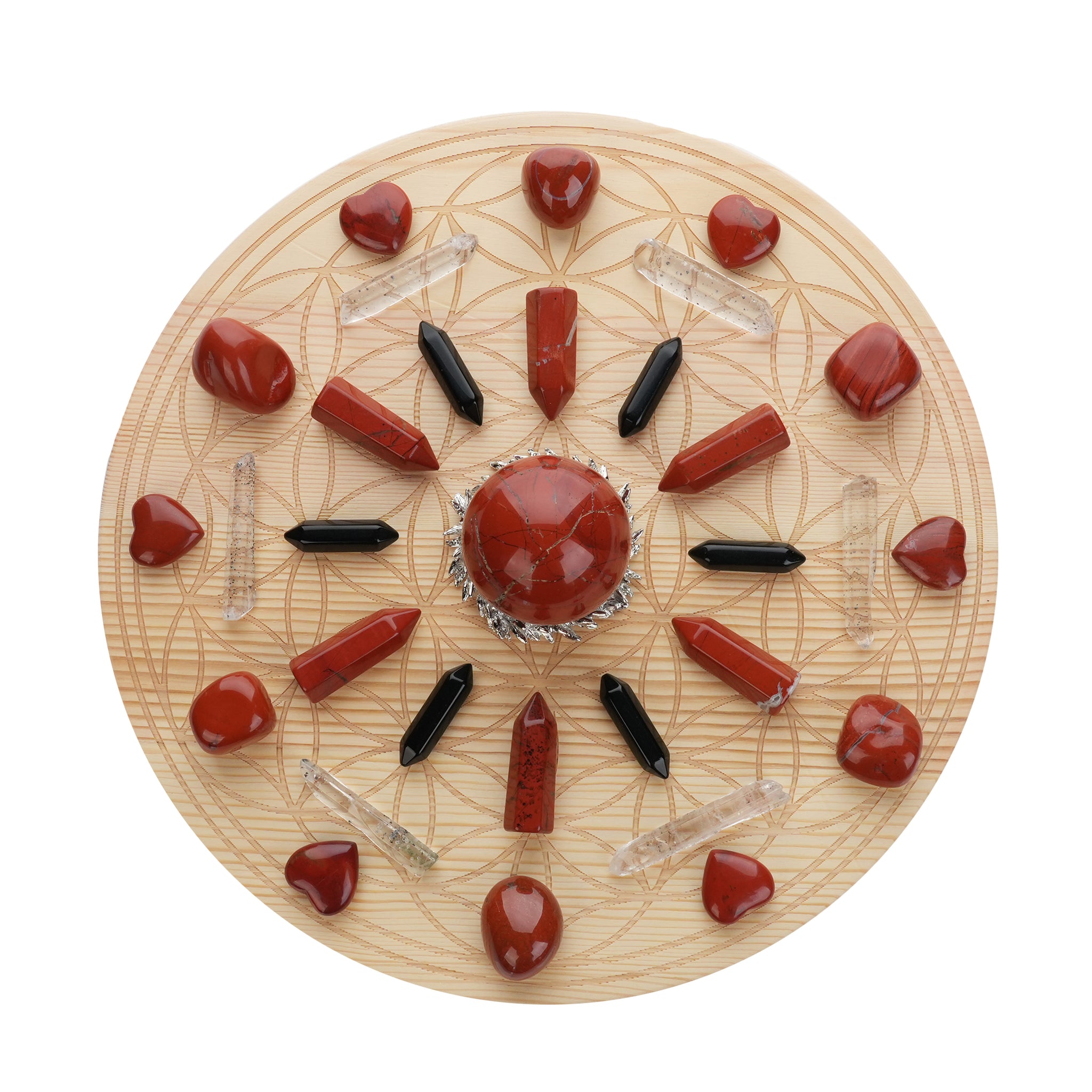 Courage/Protection Crystal Grid Kit |Red Jasper,Obsidian,Clear Quartz|9.8 Inch Sacred Geometry Flower of Life Wooden Grid Board|Metaphysical