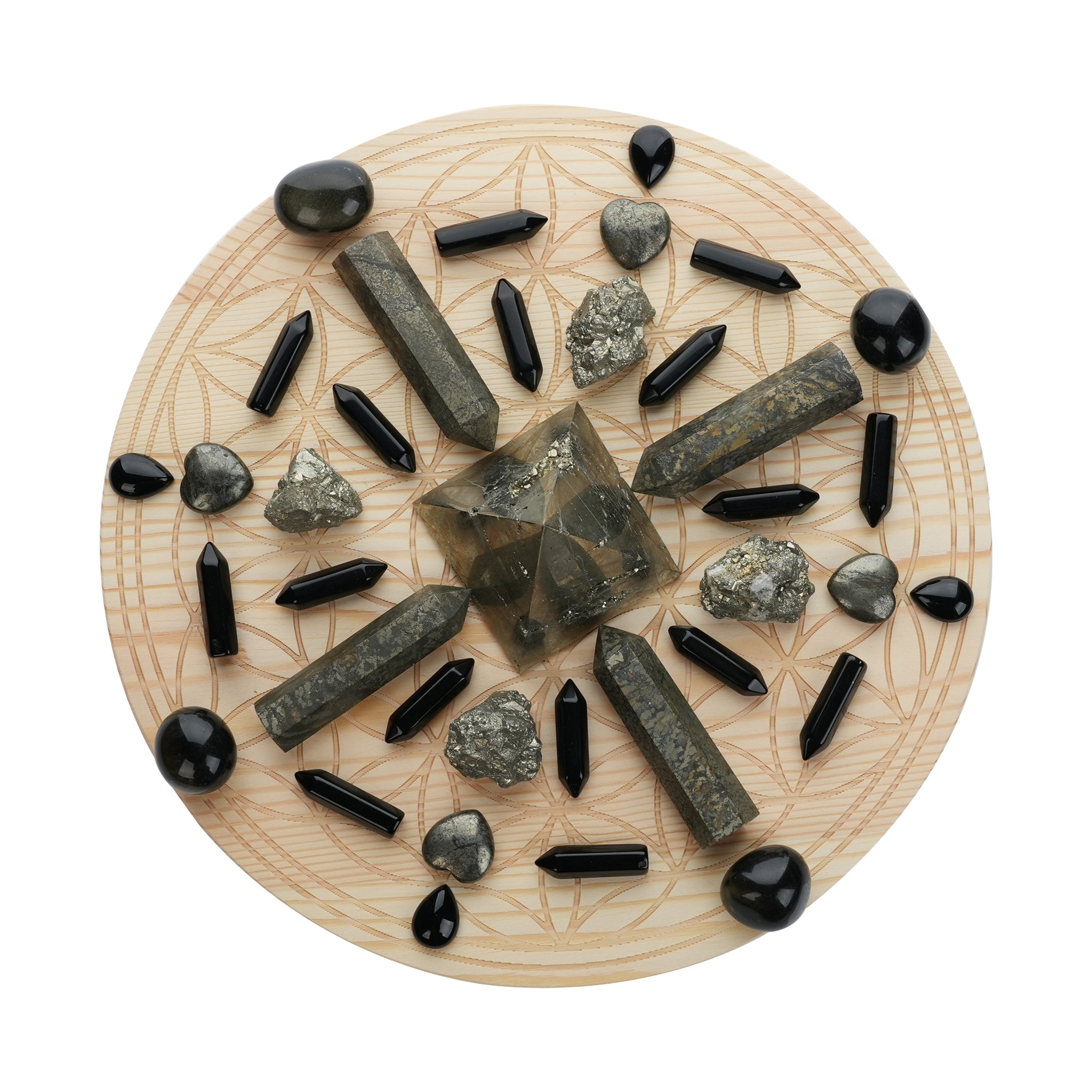 Wealth/Protection Crystal Grid Set | Pyrite, Obsidian | 9.8 Inch Flower of Life Wooden Grid| Abundance/Security Decor |Metaphysical Crystals